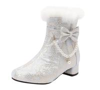 Bottines à talons bas pour femme - Fermeture éclair latérale - Fausse fourrure - Chaudes - Avec bordure - Chaîne de perles et nœud mignon - Confortables et tendance - Polyvalentes - Chaussures de bal