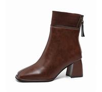Bottines Chelsea confortables à bout carré et élastique à talon bloc pour femme avec fermeture éclair, marron, 40.5 EU