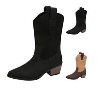 Bottines classiques à enfiler à bout pointu pour femme, à talons bas épais, en daim synthétique, bottes de cowgirl occidentales confortables pour concert de campagne, fête à thème, Noir , 36.5 EU