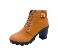 Bottines classiques courtes pour femme - Bout rond - Bottes décontractées à lacets - Chaussures à plateforme - Talon bloc - Chaussures de loisirs - Antidérapantes - Chaussures d'hiver avec talon épais