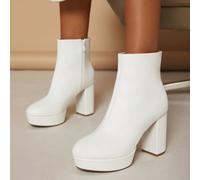 Bottines classiques pour femmes avec fermeture éclair intérieure, bout rond, talon bloc plateforme. Bottines plateforme en PU blanc. Nouvelles chaussures d'été pour cadeaux du Nouvel An, de la Saint-V