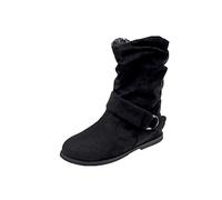 Bottines courtes décontractées pour femme - Coupe large - Bout rond - Fermeture éclair sur le côté - Boucle de ceinture - Talon plat - Confortable - Pour l'automne et l'hiver, Noir , 40 EU
