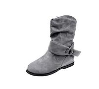 Bottines courtes décontractées pour femme - Coupe large - Bout rond - Fermeture éclair sur le côté - Boucle de ceinture - Talon plat - Confortable - Pour l'automne et l'hiver, gris, 38 EU