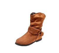 Bottines courtes décontractées pour femme - Coupe large - Bout rond - Fermeture éclair sur le côté - Boucle de ceinture - Talon plat - Confortable - Pour l'automne et l'hiver, jaune, 38 EU