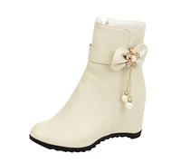 Bottines courtes pour femme - Avec talon compensé - Élégantes - Avec nœud - En cuir - Imperméables - Bout rond - Avec fermeture éclair, beige, 39 EU