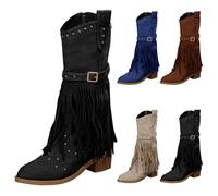 Bottines Cowboy pour femme en cuir avec pompons et fermeture éclair style western jean vintage médiéval carnaval, Noir , 36 EU