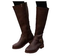 Bottines d'automne pour femme - Bottes longues en cuir - Bottes d'équitation à enfiler - Bottes western plates - Bottes d'hiver - Taille 37 à 42, marron, 40 EU
