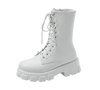 Bottines de combat à lacets pour femme - Talon bas - Fermeture éclair latérale - Semelle à crampons - Bout rond - Antidérapantes - Décontractées, blanc, 40 EU