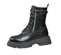 Bottines de combat classiques à lacets pour femme, bottes courtes à talon bas avec fermeture éclair latérale, bout rond, imperméables, bottes de marche à plateforme en cuir, Noir , 40.5 EU