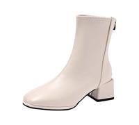 Bottines de couleur crème, bottines courtes d'hiver pour femme, bottes douces mi-basses à talon bloc épais Chelsea bottines avec fermeture éclair dans le dos Bottines chic pour femme avec bout carré