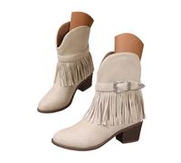 Bottines de cowboy à franges avec sangle à boucle - Bout pointu - Bottes de cowgirl courtes à talon bloc - Aspect daim - Bottes décontractées - Tendance - Antidérapantes - Pour la marche quotidienne