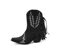 Bottines de Cowboy à Franges pour Femmes, Bottines à Talons Hauts épais et Bout Pointu avec Pompons, Bottines Western Courtes brodées à Enfiler pour l'hiver,Noir,45