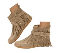 Bottines de cowboy en daim synthétique à bout pointu pour femme, a blanc | Mocassins rétro solides à talon épais pour l'automne - Bottines souples classiques tendance pour sortir, concert, voyage
