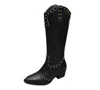 Bottines de cowboy occidentales pour femme - Bottes hautes et épaisses - En cuir - Chaussures rétro mi-mollet - Bottines Chelsea - Bottines courtes élégantes - Talon bloc - Bottes western, Noir , 34