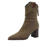 Bottines de cowboy pour femme - Avec talons hauts - Plissées - Chaussures mi-mollets - Chaussures à enfiler - Confortables - Bottes de transition classiques en daim - Antidérapantes, kaki, 40 EU
