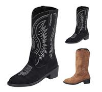 Bottines de cowboy pour femme - En daim noir - Talon bas - Bottes de cowboy tendance - Doublure pointue - Bottes à enfiler - Bottes de randonnée mi-mollet - Avec broderies, marron, 40 EU