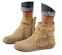 Bottines de cowboy pour femme - Soutien de la voûte plantaire - Talon bas - Tendance - Vintage - En cuir - Avec fermeture éclair - Franges en daim occidental, B Beige., 38 EU