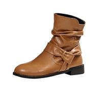 Bottines d'hiver 2026 pour femme en cuir solide avec nœud mi-mollet chaud et confortable, marron, 38.5 EU