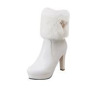 Bottines d'hiver à talons hauts avec col en peluche et strass - Fermeture éclair latérale - Semelle épaisse, Blanc., 37 EU