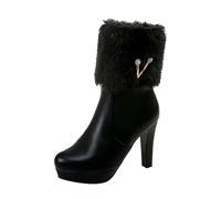 Bottines d'hiver à talons hauts avec col en peluche et strass - Fermeture éclair latérale - Semelle épaisse, Noir , 42 EU