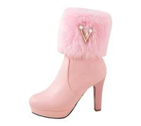 Bottines d'hiver à talons hauts avec col en peluche et strass - Fermeture éclair latérale - Semelle épaisse, Rose, 42 EU