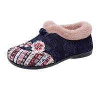 Bottines d'hiver chaudes à motif floral pour femme, doublées de fourrure, chaudes en peluche, semelle souple antidérapante, chaussures de tous les jours, bleu, 42 EU