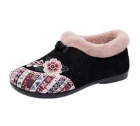 Bottines d'hiver chaudes à motif floral pour femme, doublées de fourrure, chaudes en peluche, semelle souple antidérapante, chaussures de tous les jours, Noir , 39 EU