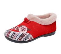 Bottines d'hiver chaudes à motif floral pour femme, doublées de fourrure, chaudes en peluche, semelle souple antidérapante, chaussures de tous les jours, Rouge, 38.5 EU