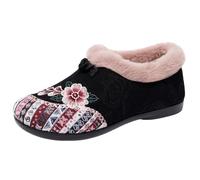 Bottines d'hiver chaudes à motif floral pour femme, doublées de fourrure, chaudes en peluche, semelle souple antidérapante, chaussures de tous les jours, Noir , 0 UK