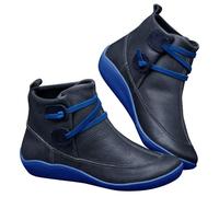 Bottines d'hiver pour femme - Bottes d'hiver larges - En cuir - Avec fermeture éclair - Lacets - Tige courte - Bottes d'hiver plates et antidérapantes, Bleu 13., 35 EU