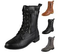Bottines élégantes pour femme - Bottes de combat militaires - En cuir synthétique - Bottes hautes chaudes à lacets - Bottines plates à lacets avec fermeture éclair - Automne et hiver, Noir , 39 EU