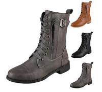 Bottines élégantes pour femme - Bottes de combat militaires - En cuir synthétique - Bottes hautes chaudes à lacets - Bottines plates à lacets avec fermeture éclair - Automne et hiver, gris, 42 EU