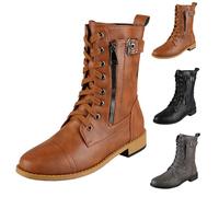 Bottines élégantes pour femme - Bottes de combat militaires - En cuir synthétique - Bottes hautes chaudes à lacets - Bottines plates à lacets avec fermeture éclair - Automne et hiver, marron, 36 EU