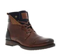 Bottines en cuir marron fourrées avec empiècements foncées, lacets tressés marrons et fermeture zippée 45