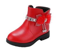 Bottines en cuir pour bébé fille avec talon bloc et fermeture éclair - Joli nœud - Doublure en polaire chaude - Chaussures d'hiver confortables et décontractées - Idéales pour les enfants, Rouge, 30