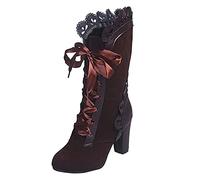 Bottines en cuir pour femme avec talon - Bottes à lacets pour femme - Noir gothique - Talon haut bloc - Bottes basses à bout rond - Bottes pour femme - Bottes en dentelle - Bottes de cowboy - Bottes