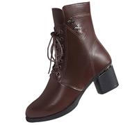 Bottines en cuir pour femme avec talon - Bottes courtes rétro mi-saison à talon bloc Bottes mi-hautes pour femme Bottes en cuir classiques et tendance Bottines à lacets avec fermeture éclair latérale