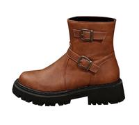 Bottines en cuir pour femme - Élégantes - Courtes - Tête ronde - Boucle de ceinture - Bottes de transition - En cuir synthétique - Bottes d'hiver, Orange, 42 EU
