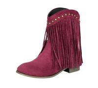 Bottines épaisses unies à bout rond et semelle plate - Bottes tendance avec talon et fermeture éclair pour femme - Rouge - 40, Bordeaux, 35 EU
