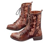 Bottines Femme Cuir Broderie Chaussures Montantes a Lacet Botte Antidérapant Légères Chaussure de Travail pour l'extérieur Mode Confortables Botte de Randonnée Marche Montange Jardin Chaussures