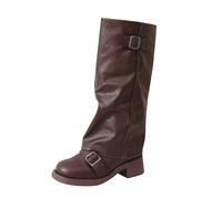Bottines Femme Cuir Talon Carré Bottine Décontracté Mollets Larges | Grande Taille Chaussure Couleur Unie Bottine Automne Hiver Cuissarde Bottes Femme Talon Mollet Large