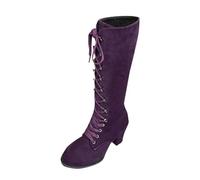 Bottines femme Hautes Genoux à Lacets Talon moyen Femelle Bottillons cuir véritable Automne Hiver Femmes Botte Cowboy daim Couleur unie Elégantes Fashion Bottes pour femme rétro Casual Moderne