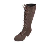 Bottines femme Hautes Genoux à Lacets Talon moyen Femelle Bottillons cuir véritable Automne Hiver Femmes Botte Cowboy daim Couleur unie Elégantes Fashion Bottes pour femme rétro Casual Moderne