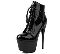Bottines Femme Plateforme Similicuir Talon Haut 15cm Tige Lacets Extra Plateforme Zip Latéral Mode Soirée Fête Nuit Chaussures,Black Patent Leather,37 EU