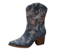 Bottines Femme Rétro Bottes De Cowboy Western Brodées Talon Haut Bout Pointu Grande Taille Antidérapant Style Britannique Automne Hiver Tendance Elegant Boots (Blue, 43)