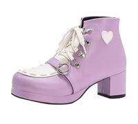 Bottines Femme Talon Haut Bout Carré Lacets Bottes Courtes en Similicuir Patchwork Elegant Style Lolita Boots Automne Hiver Chaussures D'extérieur Femme (Purple, 38)