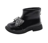Bottines Fille Beau Winter Princess Versatile Bow Plus Velvet Warm Back Zipper Short Boots Soft Bottom Non Cotton Shoes Boots Fille Métallique Football Bottines (Black, 27 Little Child)