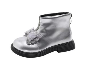 Bottines Fille Beau Winter Princess Versatile Bow Plus Velvet Warm Back Zipper Short Boots Soft Bottom Non Cotton Shoes Boots Fille Métallique Football Bottines (Silver, 28.5 Little Child)