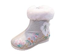 Bottines Fille Courtes Bébé Confortables Classique Embroidered Chaussures avec Nœud Fille Sole Souple Bottes Enfant Hiver Chaud Boots Fille Mode Botte de Neige Enfant (White, 35 Big Kids)