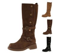 Bottines hautes élégantes vintage pour femme Chaussures militaires à talon large Tige large Bottine antidérapante Originales Boots en daim avec boucle pour l'hiver, l'automne et le printemps, marron